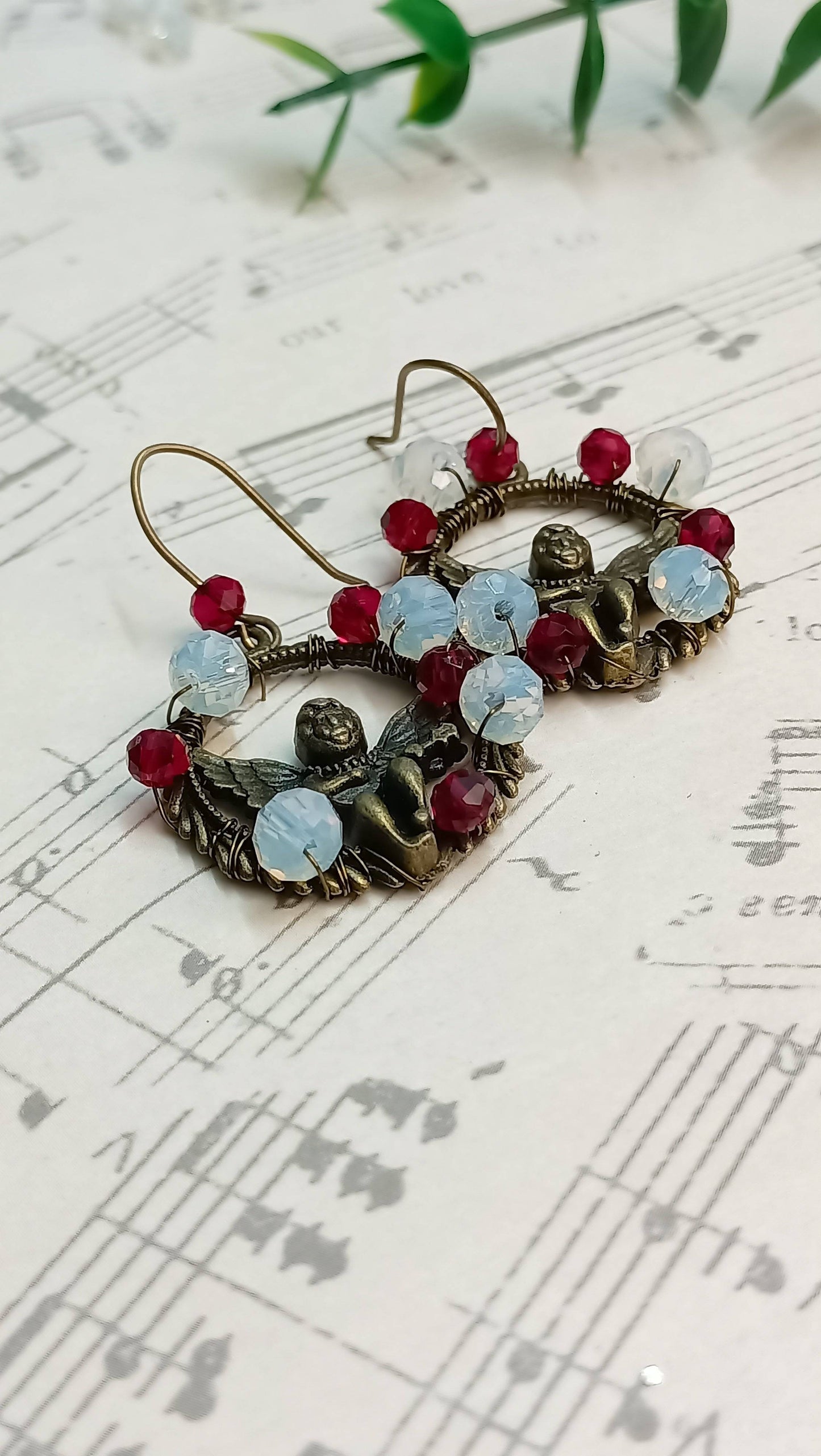 Christmas angel earrings with red and blue beads