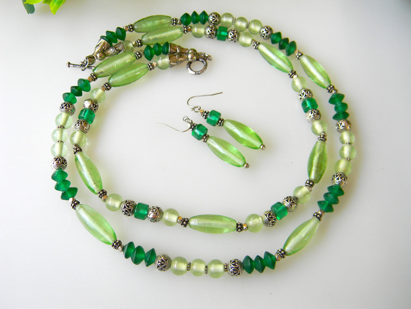 Necklace-"Enchanting Emerald: Green Glass Beaded Double Layer Necklace"