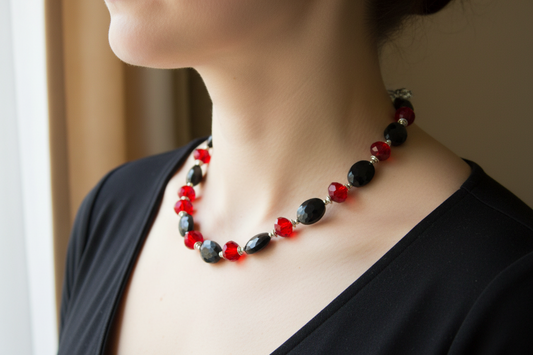 Necklace- "Elegance in Contrast: Black and Red crystal Beaded Necklace"