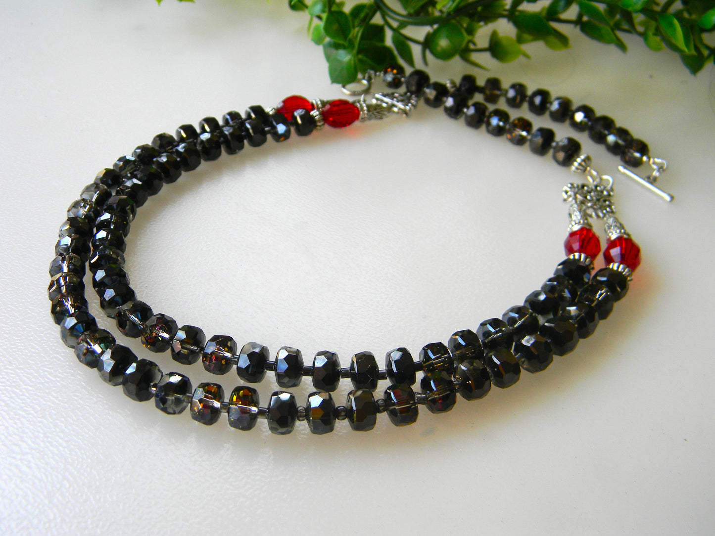 Necklace-"Dusk Delight: Black and Red Electroplated Beaded Double Layer Necklace"