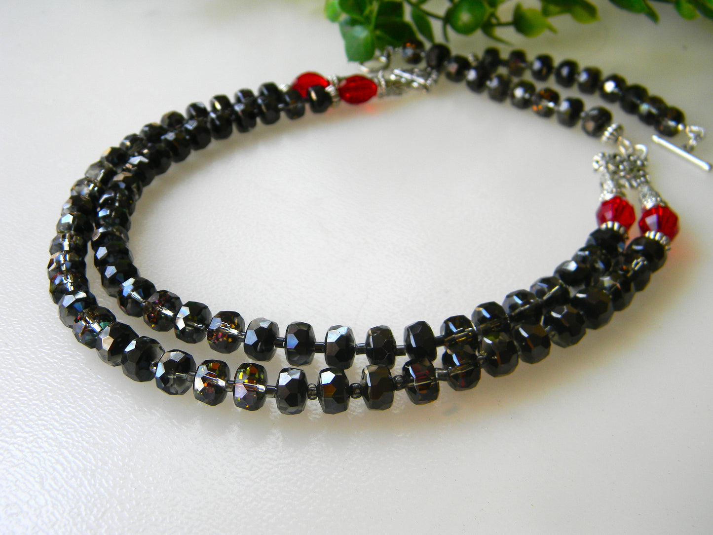 Necklace-"Dusk Delight: Black and Red Electroplated Beaded Double Layer Necklace"