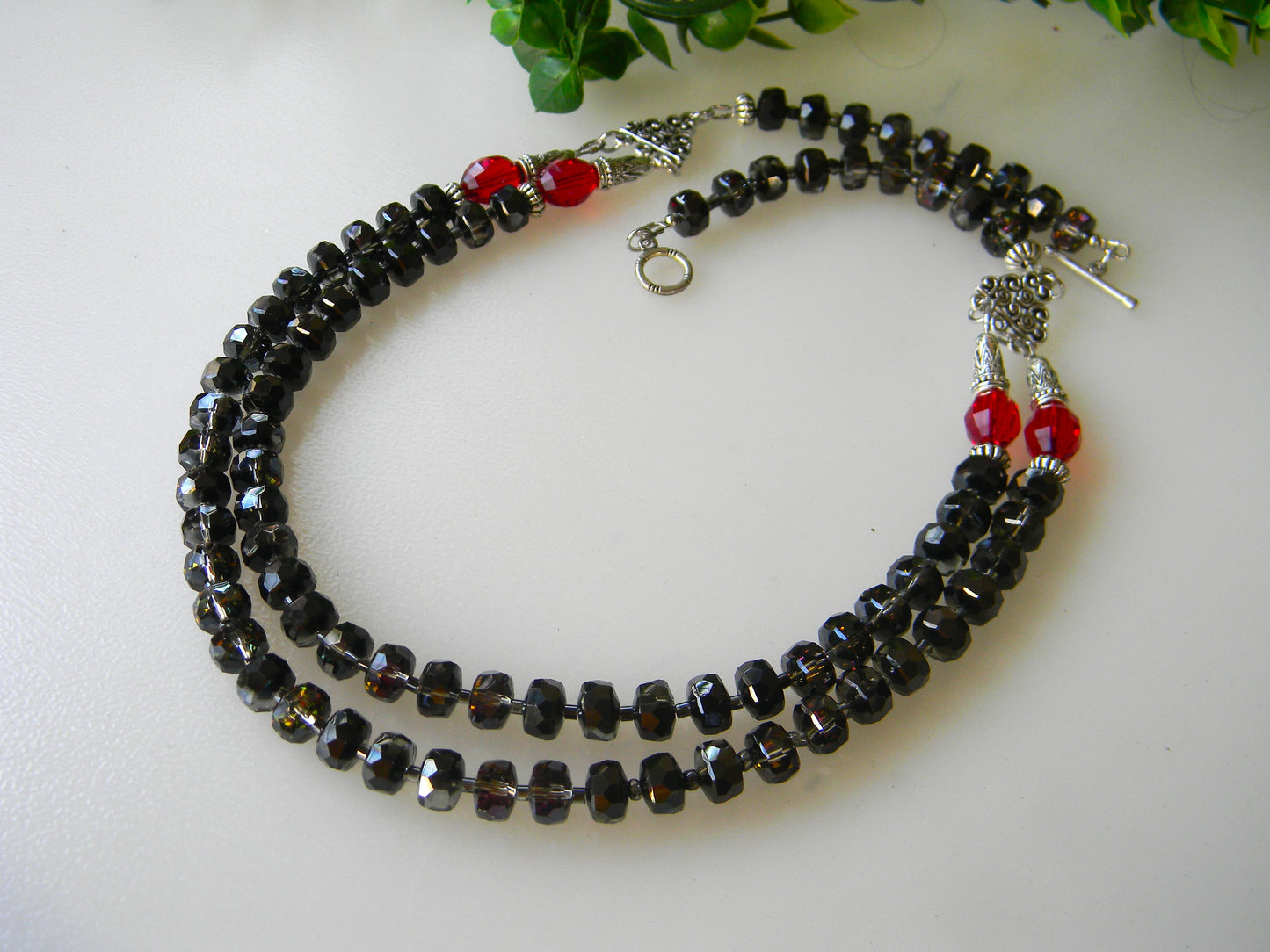 Necklace-"Dusk Delight: Black and Red Electroplated Beaded Double Layer Necklace"