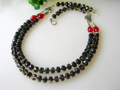 Necklace-"Dusk Delight: Black and Red Electroplated Beaded Double Layer Necklace"