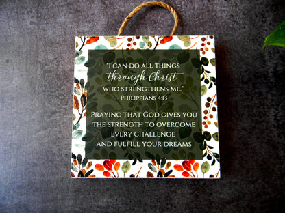 Christian scripture wall hanger with Philippians 4:13 quote, decorative floral border, handmade wood decor for home