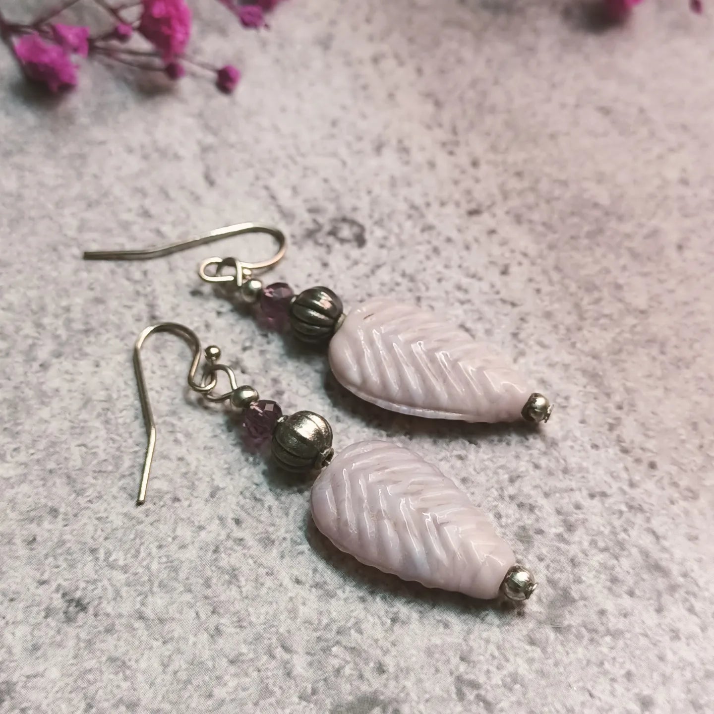 Pink leaf-shaped glazed bead earrings