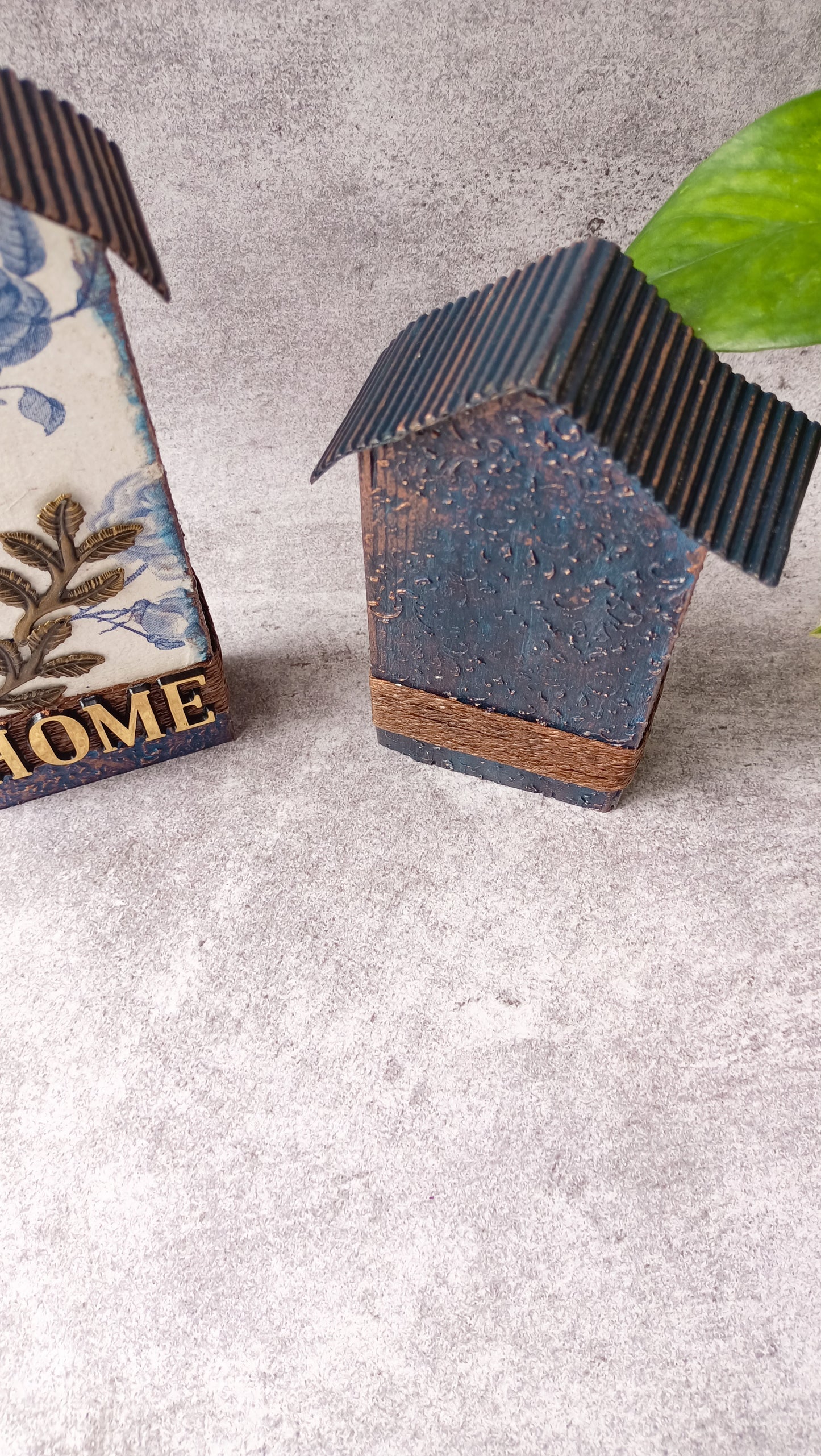 Back view of decorative house with textured roof