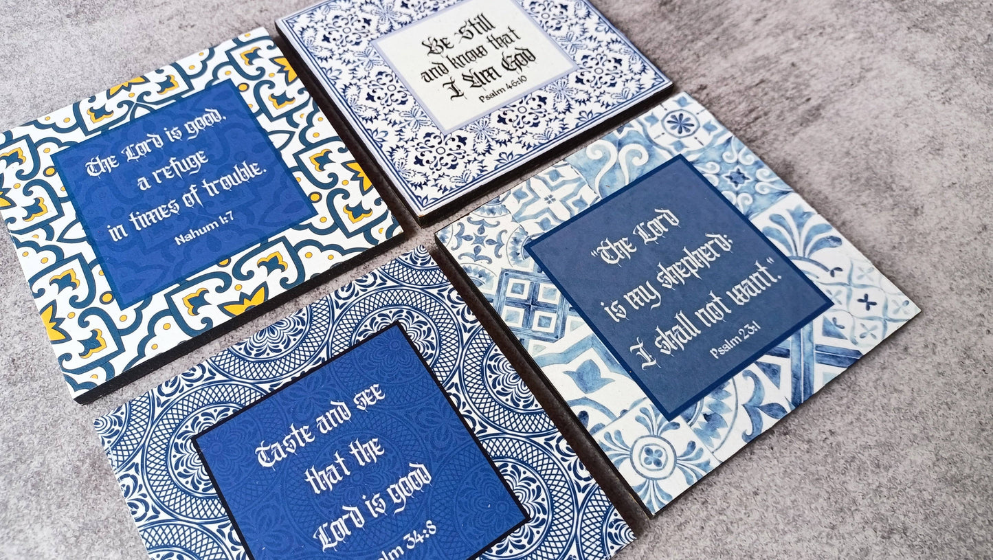 Close-up of Moroccan scripture coasters with blue designs