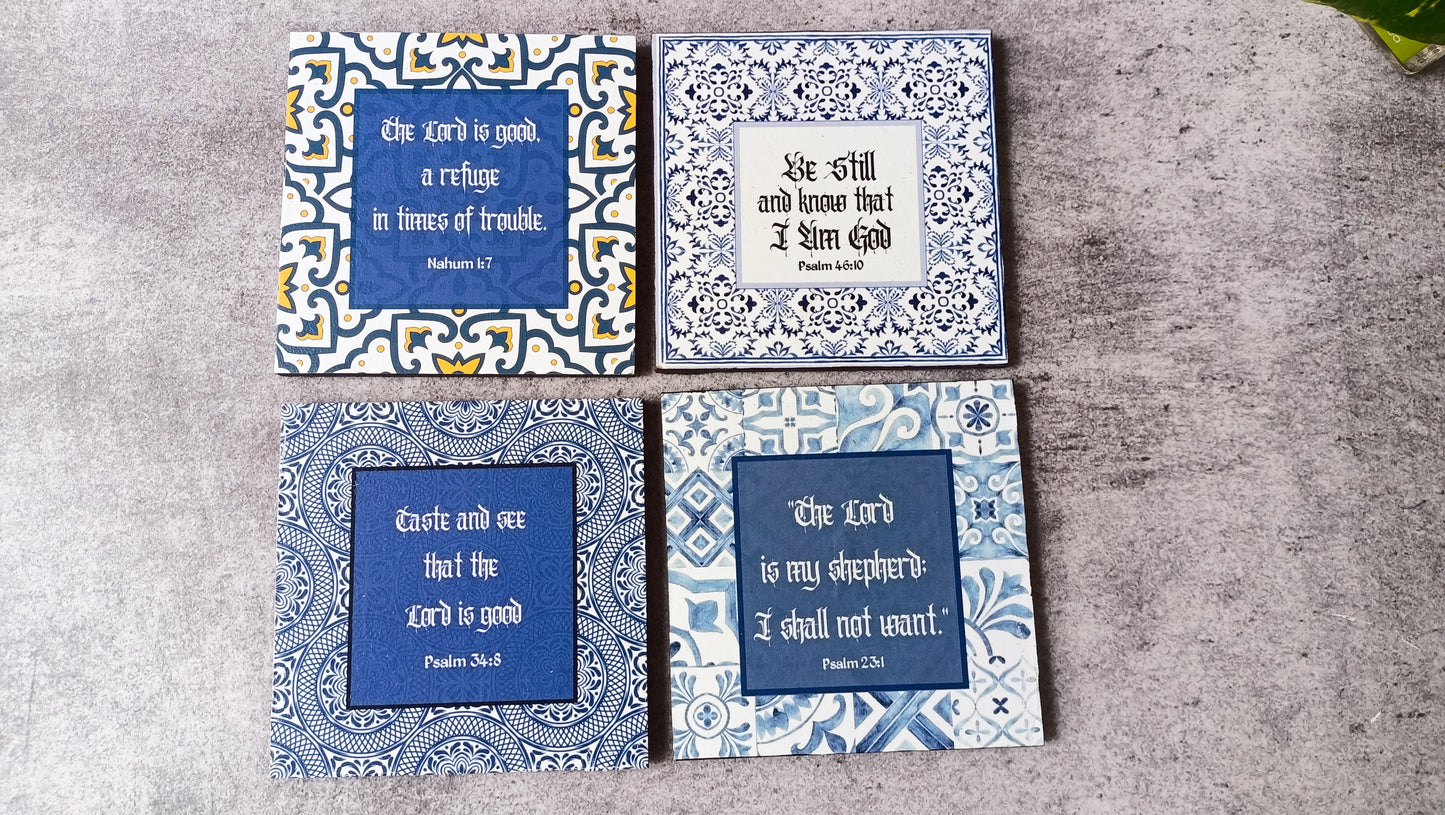 Set of four Moroccan style scripture coasters