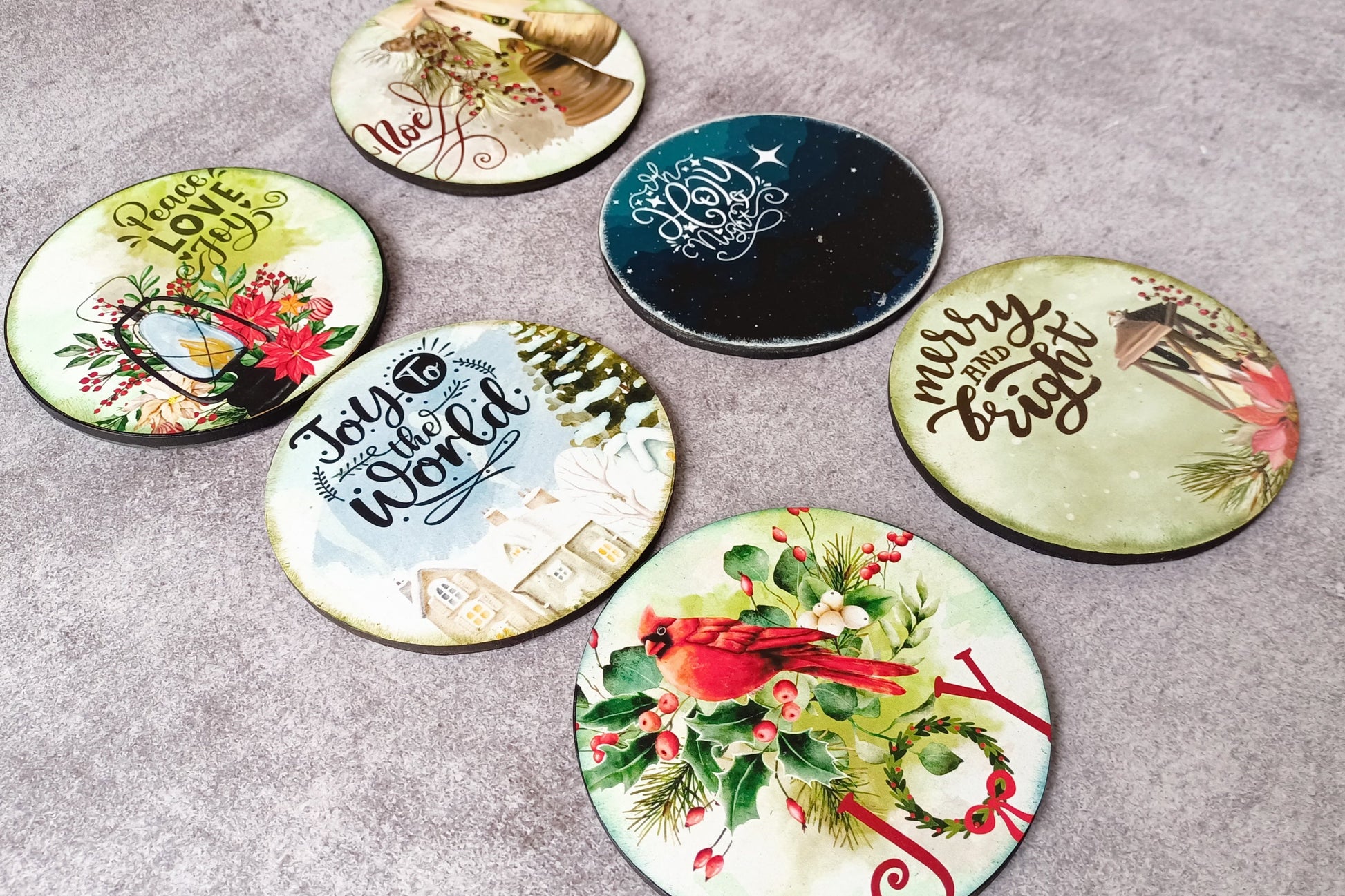 Set of six Christmas-themed coasters