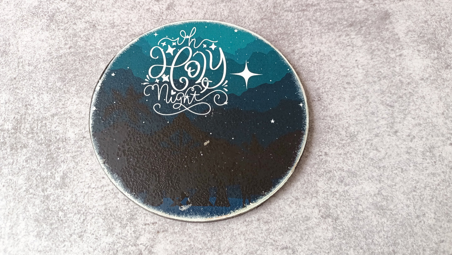 O Holy Night coaster with starry night scene