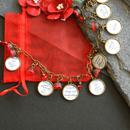 Vintage style bracelet with scripture charms and red pouch